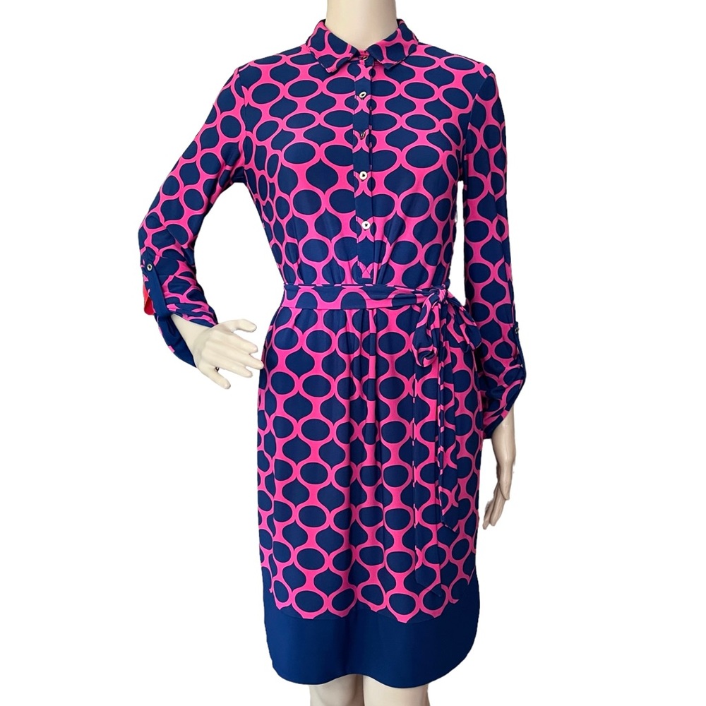 DM COLLECTION 4 stretch knit navy blue pink quatrefoil dress vintage inspired